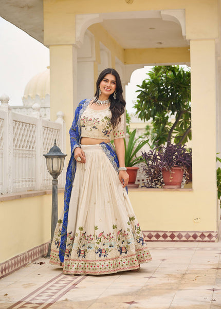 Offwhite and Blue Printed and Embroidered Lehenga Choli