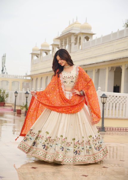 Offwhite and Orange Printed and Embroidered Lehenga Choli