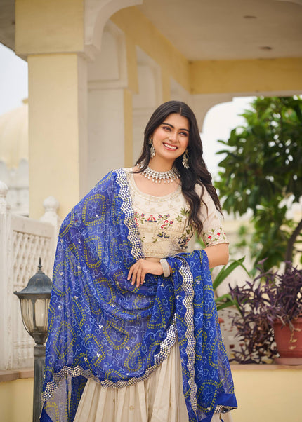Offwhite and Blue Printed and Embroidered Lehenga Choli