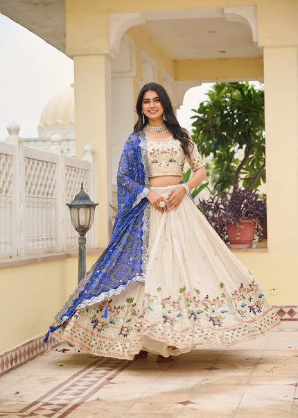 Offwhite and Blue Printed and Embroidered Lehenga Choli