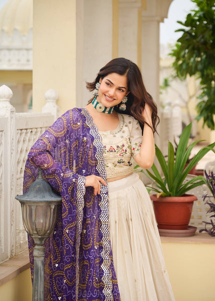 Offwhite and Purple Printed and Embroidered Lehenga Choli