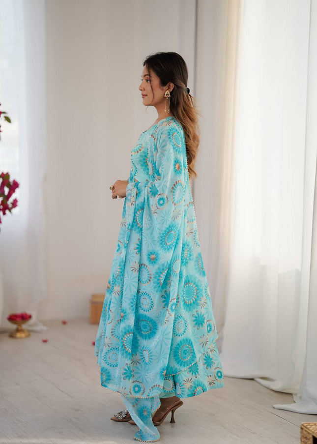 Sky Blue Floral Printed and Embroidered Anarkali Gown