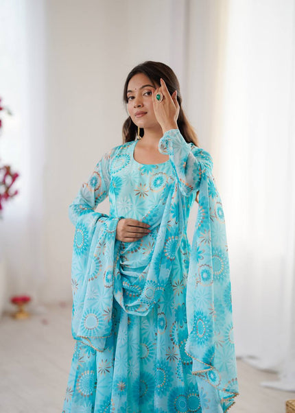 Sky Blue Floral Printed and Embroidered Anarkali Gown