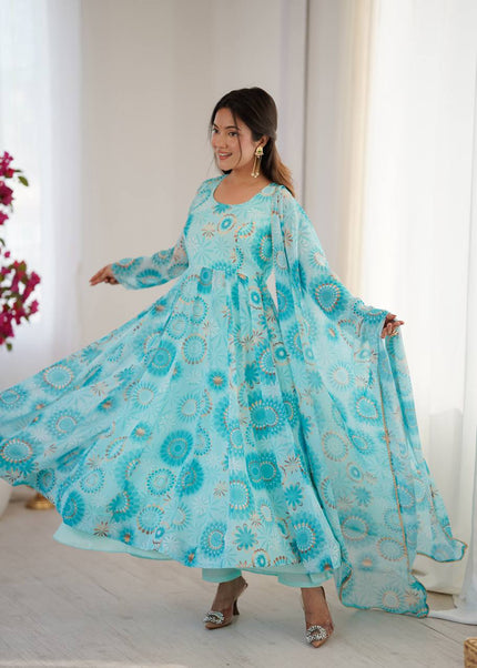 Sky Blue Floral Printed and Embroidered Anarkali Gown