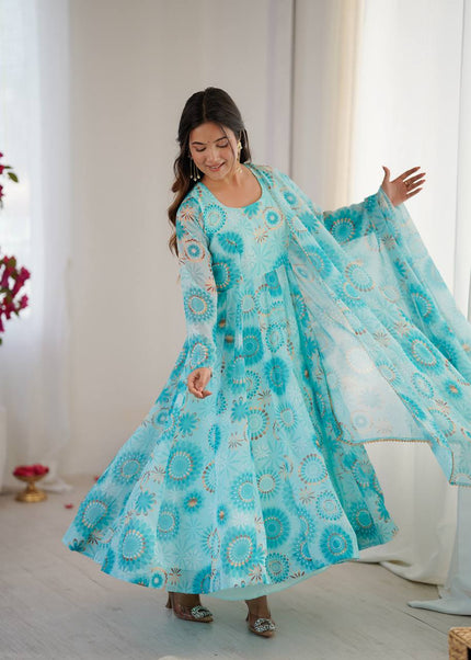 Sky Blue Floral Printed and Embroidered Anarkali Gown