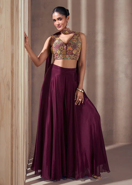 Deep Wine Embroidered Sharara Suit