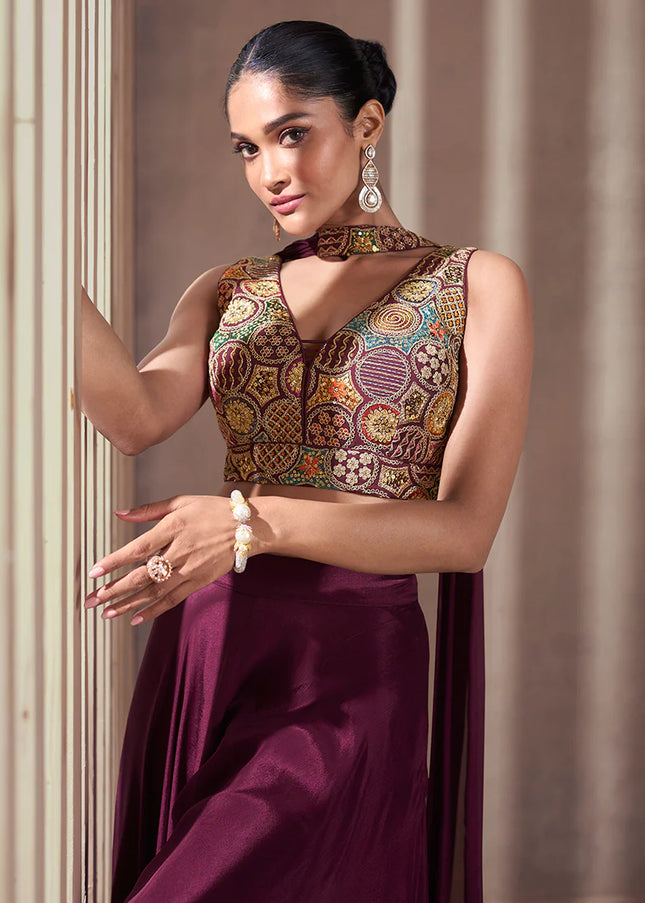 Deep Wine Embroidered Sharara Suit