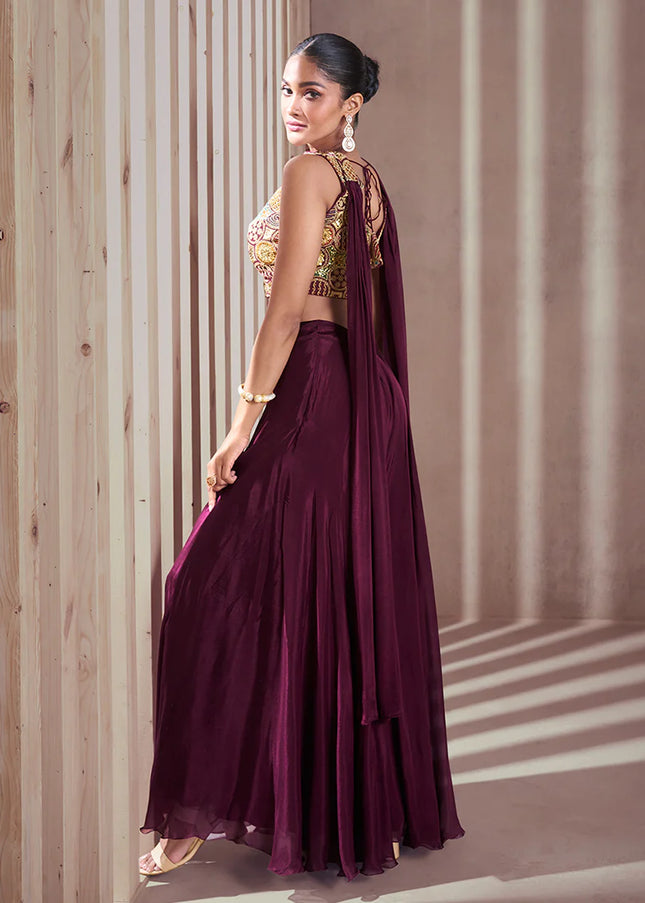 Deep Wine Embroidered Sharara Suit