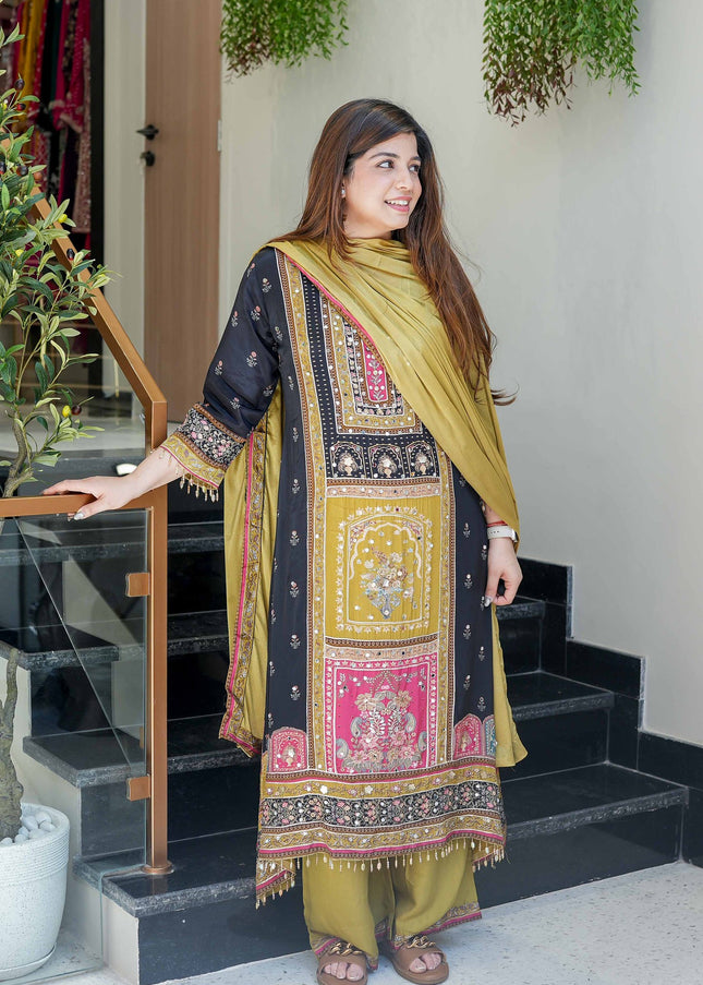 Green and Black Printed and Embroidered Pant Style Suit