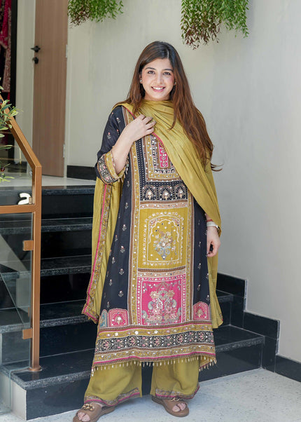 Green and Black Printed and Embroidered Pant Style Suit