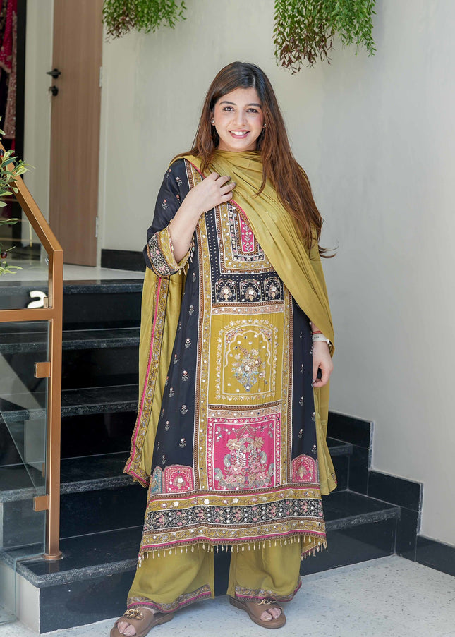 Green and Black Printed and Embroidered Pant Style Suit