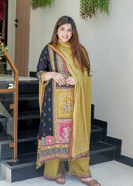 Green and Black Printed and Embroidered Pant Style Suit