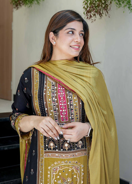 Green and Black Printed and Embroidered Pant Style Suit