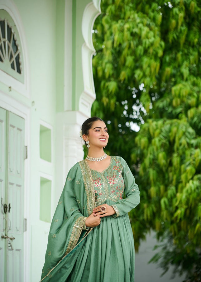 Green Embroidered Anarkali Gown
