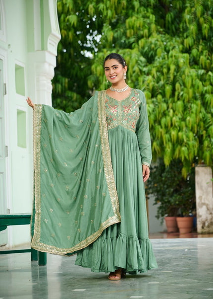 Green Embroidered Anarkali Gown