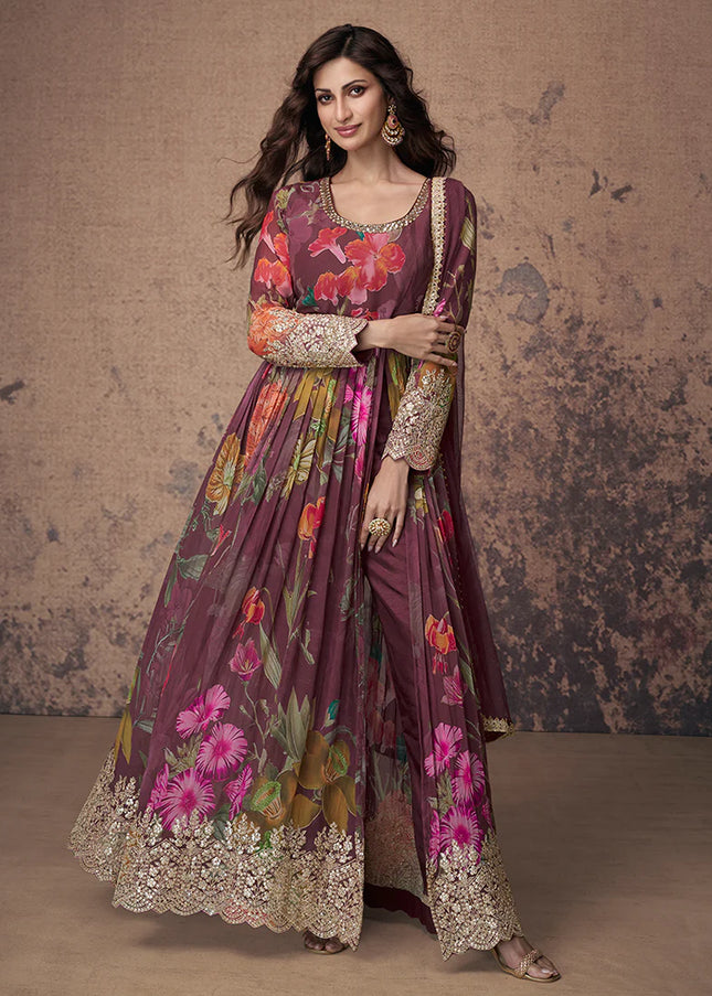 Maroon Embroidered Pant Style Anarkali
