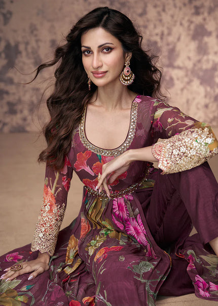 Maroon Embroidered Pant Style Anarkali