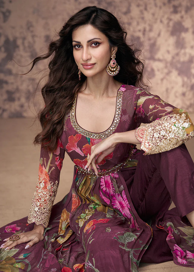 Maroon Embroidered Pant Style Anarkali