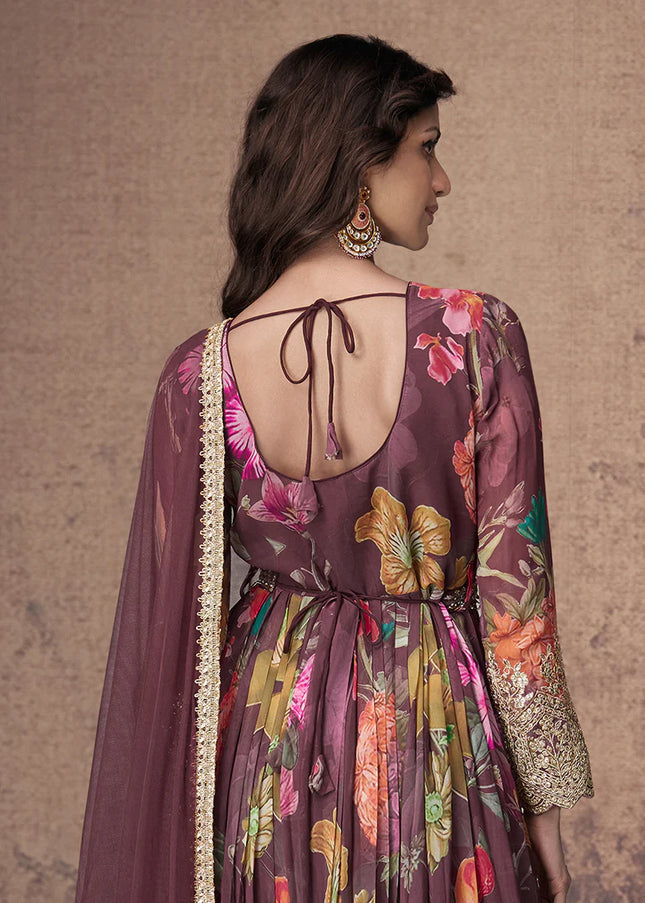 Maroon Embroidered Pant Style Anarkali