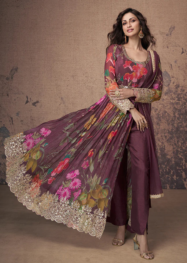 Maroon Embroidered Pant Style Anarkali