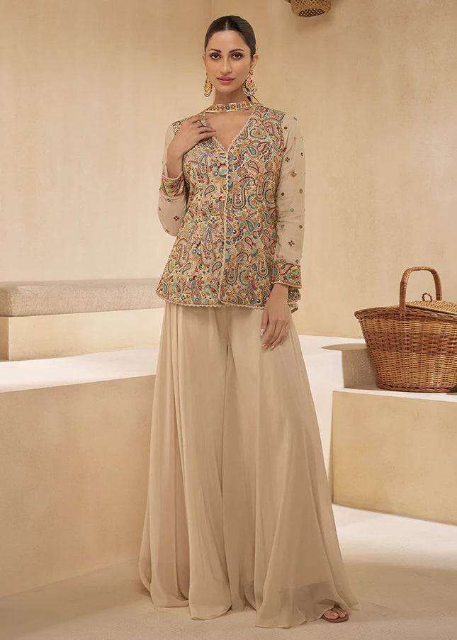 Cream Embroidered Sharara Suit