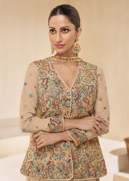 Cream Embroidered Sharara Suit