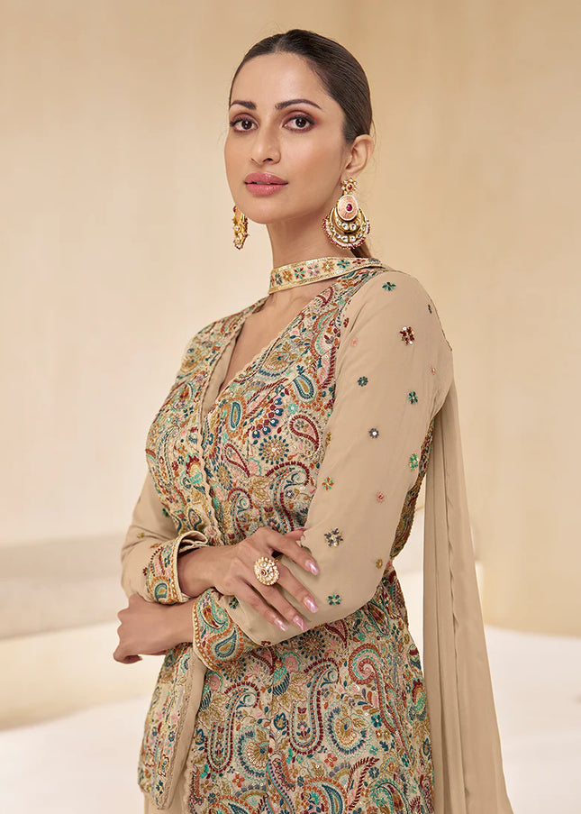 Cream Embroidered Sharara Suit