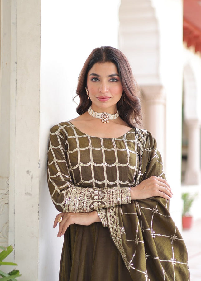 Golden Embroidered Anarkali Gown