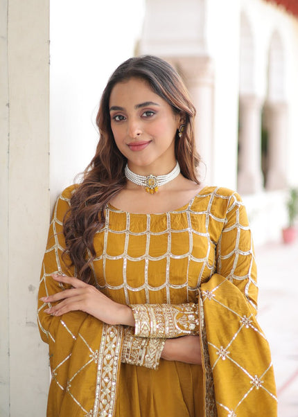 Golden Embroidered Anarkali Gown
