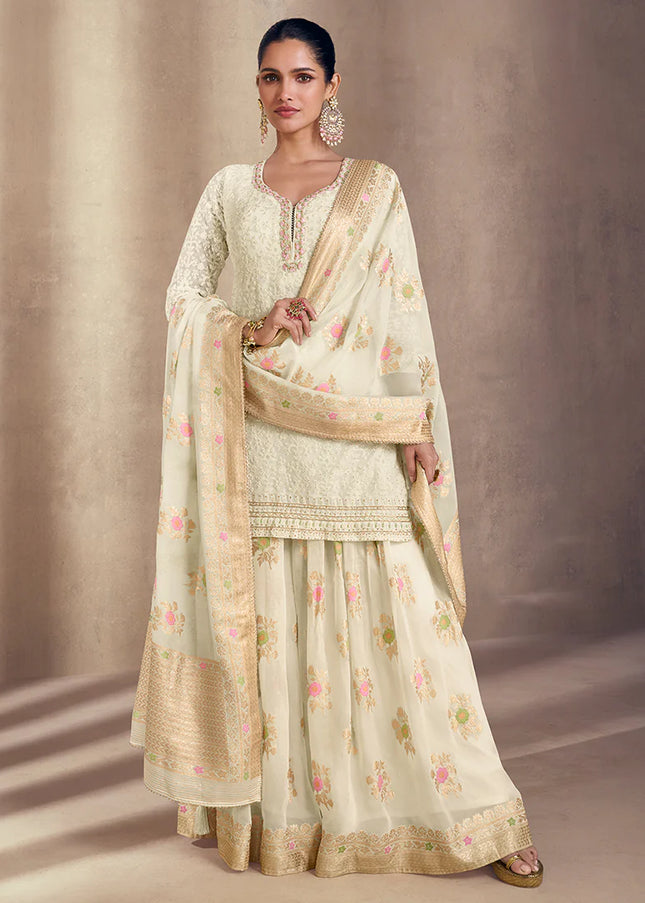 White Embroidered Sharara Suit