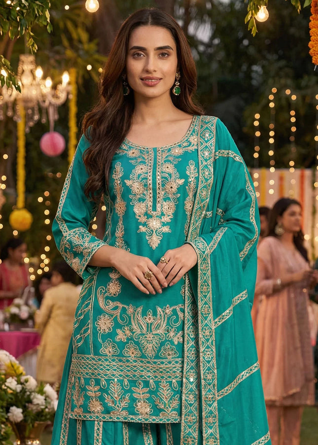 Golden Embroidered Sharara Suit