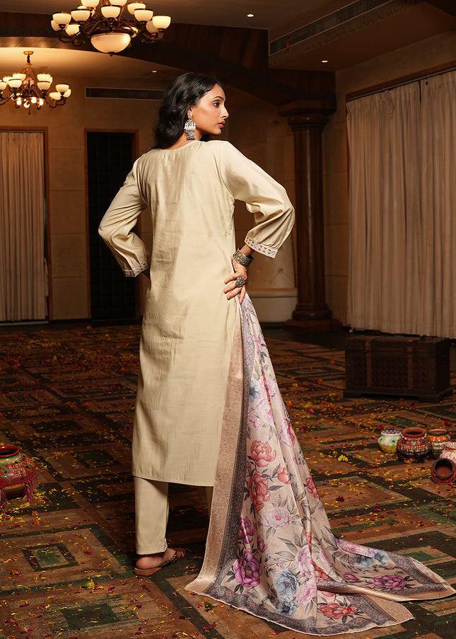 Cream Printed and Embroidered Pant Style Suit