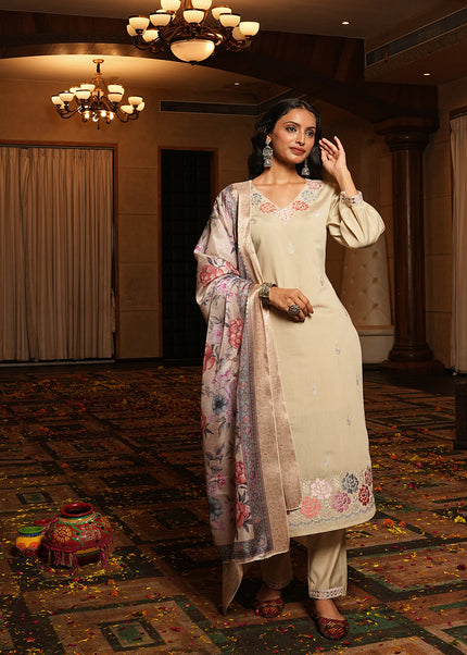 Cream Printed and Embroidered Pant Style Suit