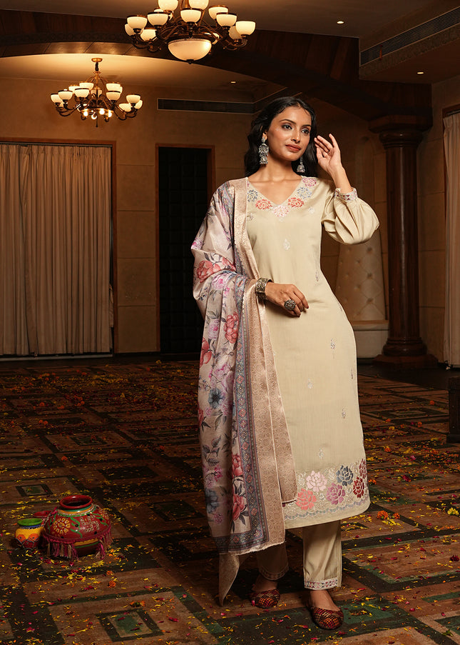 Cream Printed and Embroidered Pant Style Suit