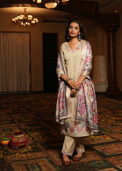 Cream Printed and Embroidered Pant Style Suit