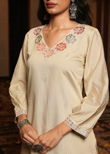 Cream Printed and Embroidered Pant Style Suit