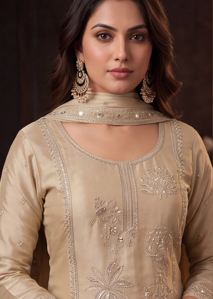 Beige Embroidered Gharara Suit