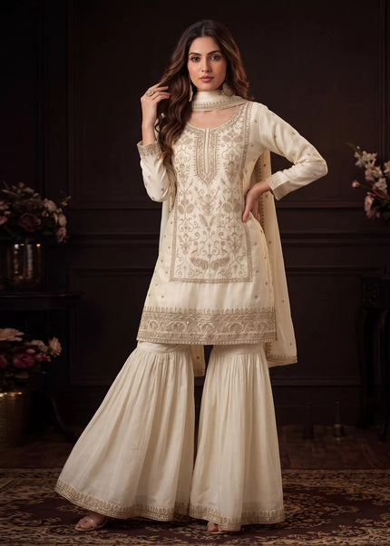 Offwhite Embroidered Gharara Suit