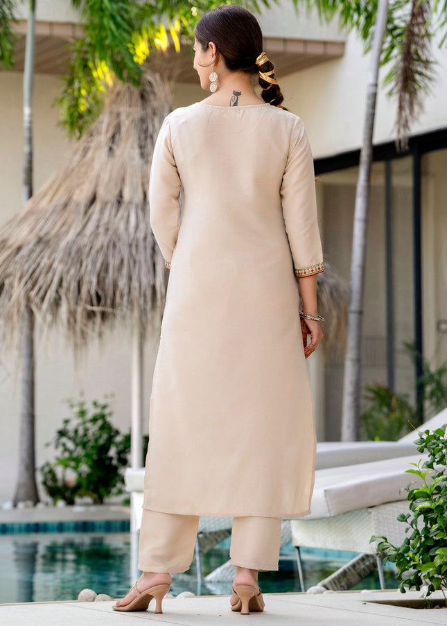 Cream Printed and Embroidered Pant Style Suit