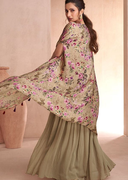 Green  Multicolor  Embroidered Jacket Style Sharara Suit