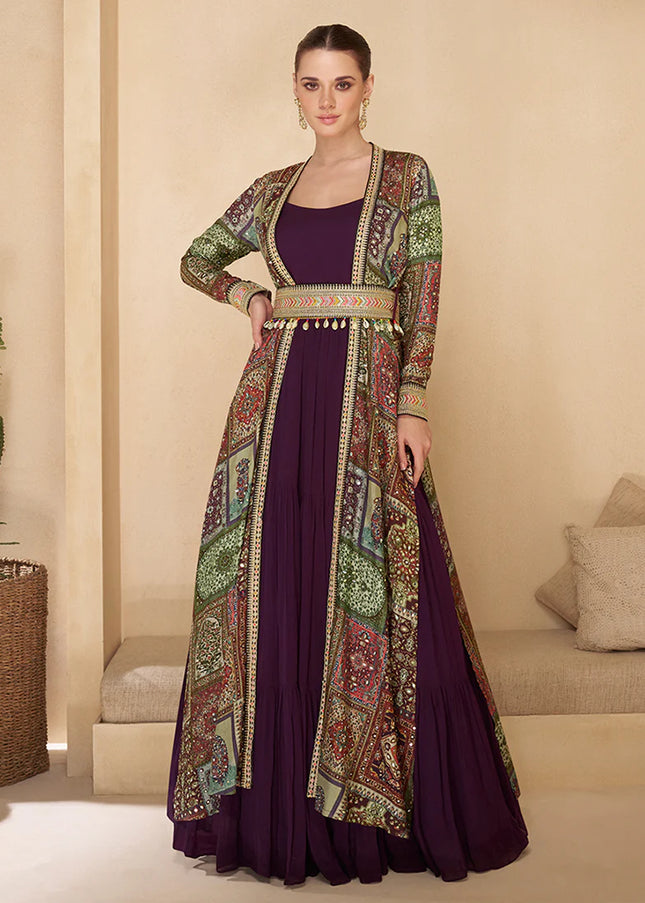 Purple Embroidered Jacket Anarkali Gown