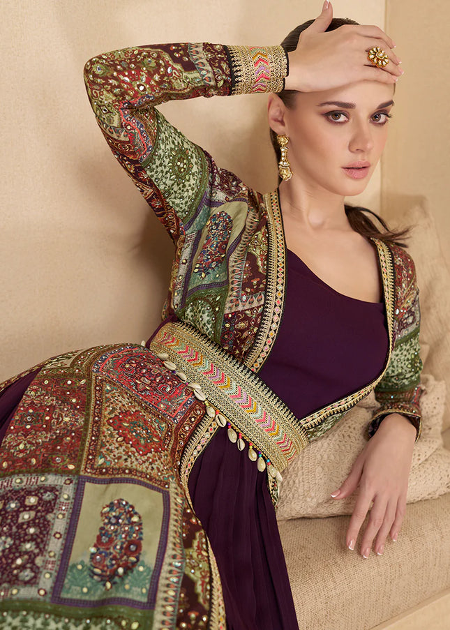 Purple Embroidered Jacket Anarkali Gown