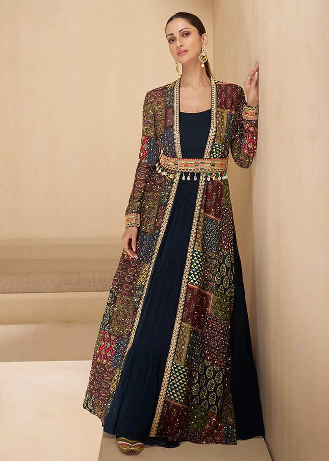 Black Multicolor Embroidered Jacket Anarkali Gown