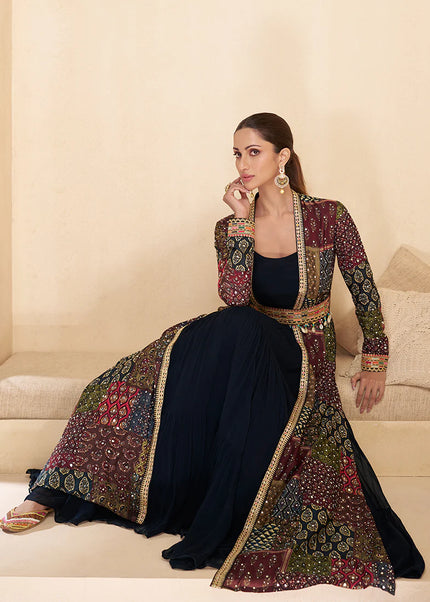 Black Multicolor Embroidered Jacket Anarkali Gown