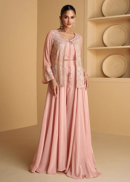 Pink Embroidered Jacket Style Sharara Suit
