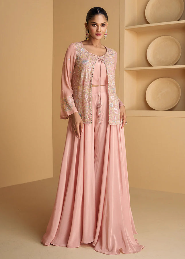 Pink Embroidered Jacket Style Sharara Suit