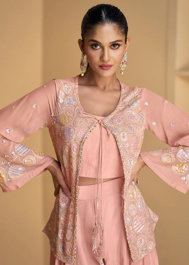 Pink Embroidered Jacket Style Sharara Suit