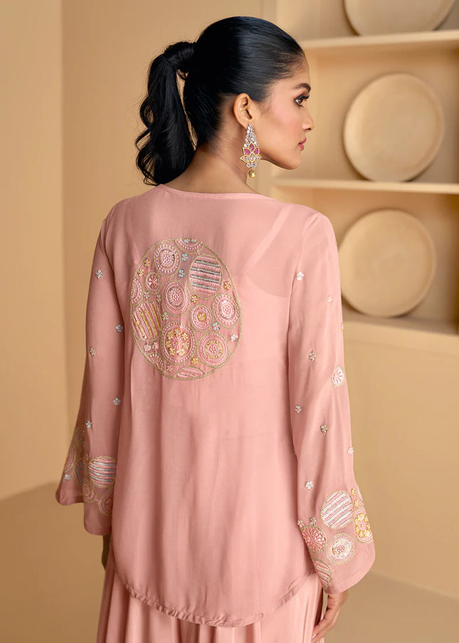Pink Embroidered Jacket Style Sharara Suit