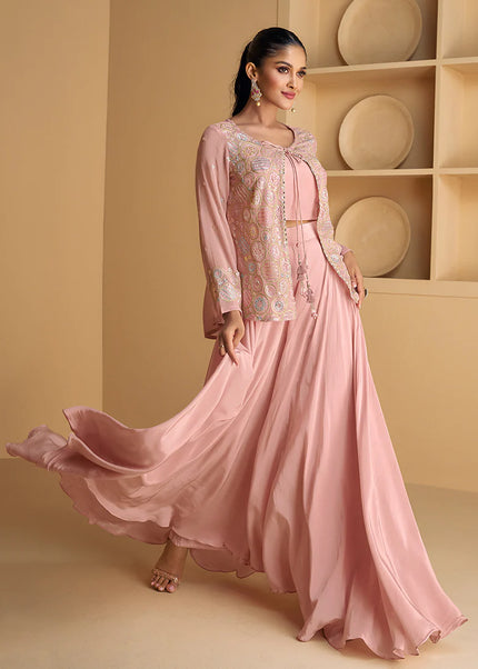 Pink Embroidered Jacket Style Sharara Suit