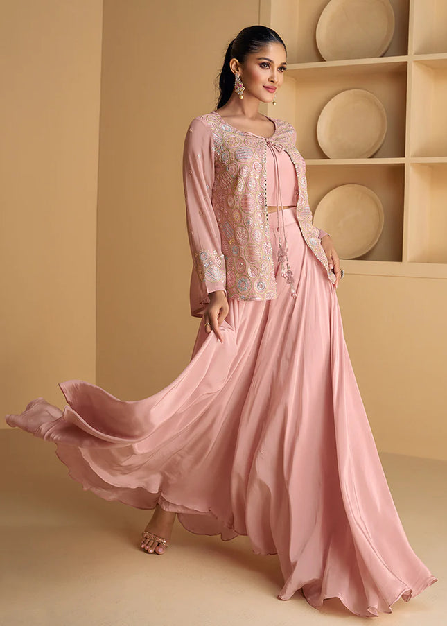 Pink Embroidered Jacket Style Sharara Suit